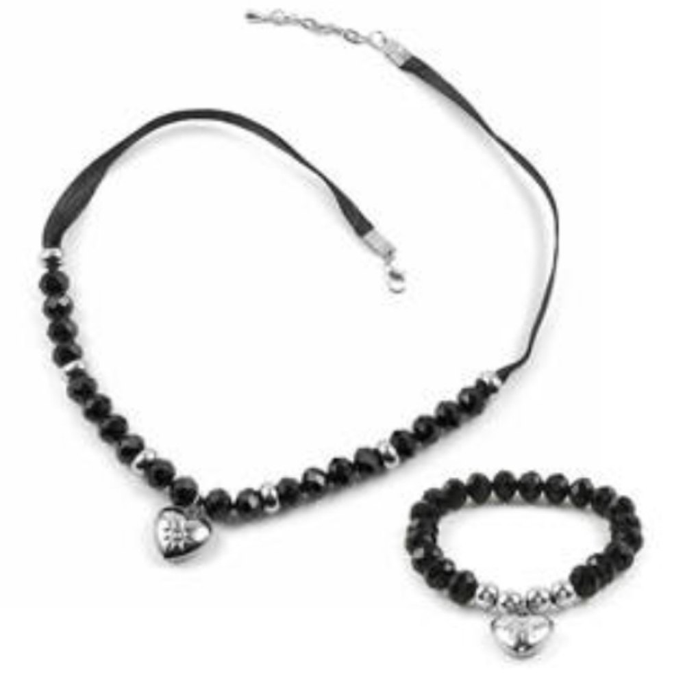 Black Austrian Crystal, Seed Bead Stretch Bracelet and Necklace